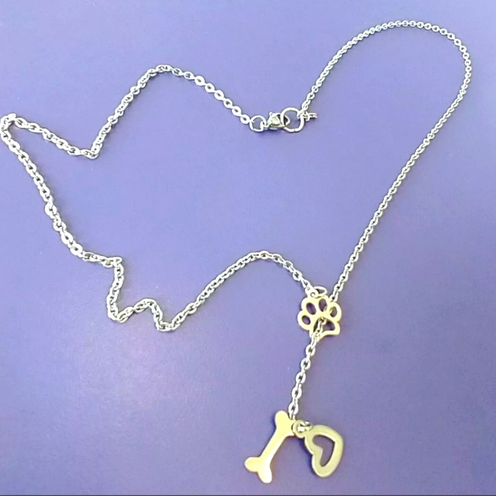 Paw Print Pet Love Dangle Drop Dog Bone Charm Heart Pendant SS Silver Necklace